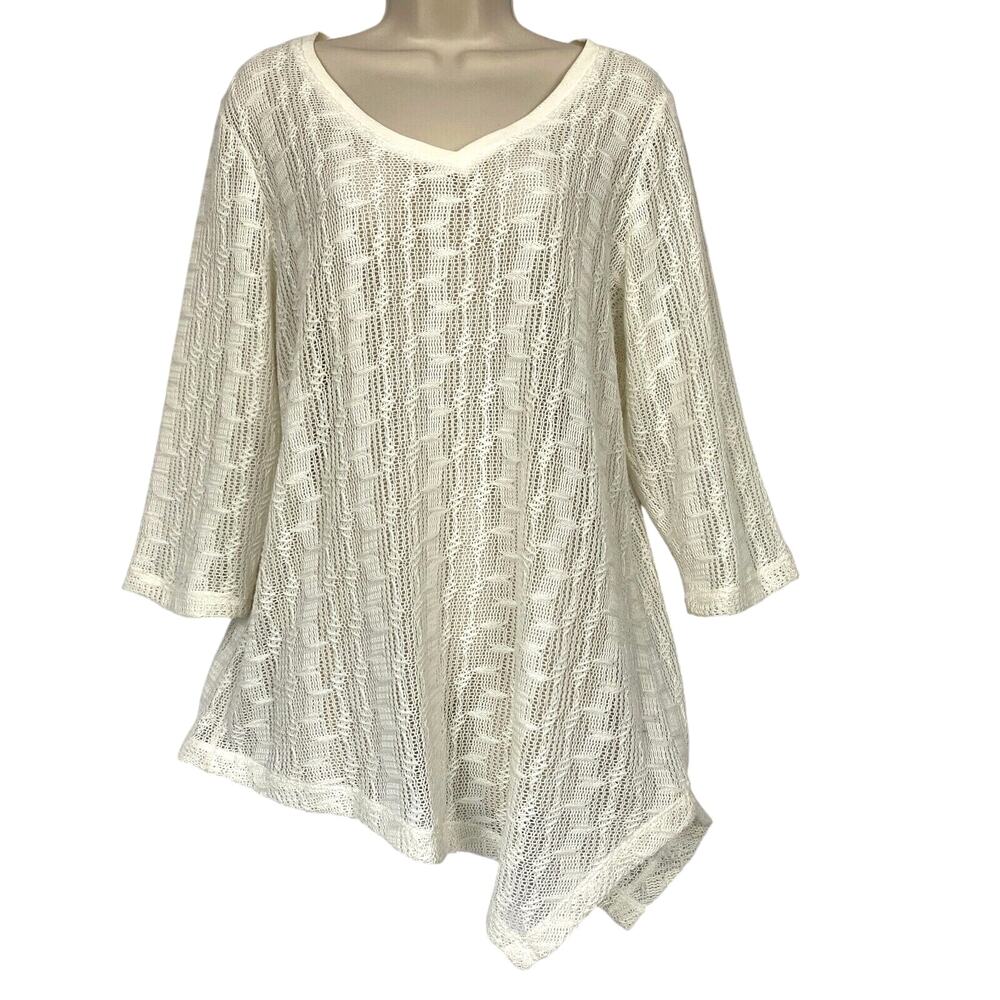 Chicos Tunic Sweater Size 2 Crochet Open Knit Sheer Asymmetric Lagenlook White L
